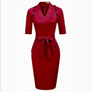 Women Vintage Short Sleeve Slim Fit Belted Business Pencil Dress
